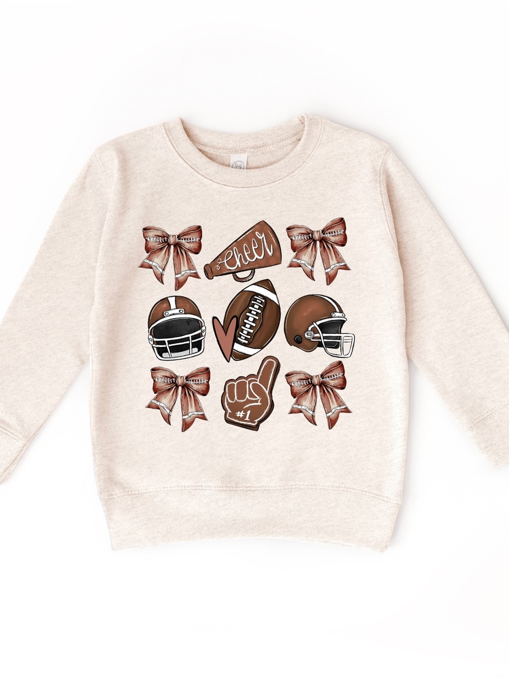 NWT Football Cheer Bow Kids Sweatshirt Game Day Youth Pullover Heather Oat